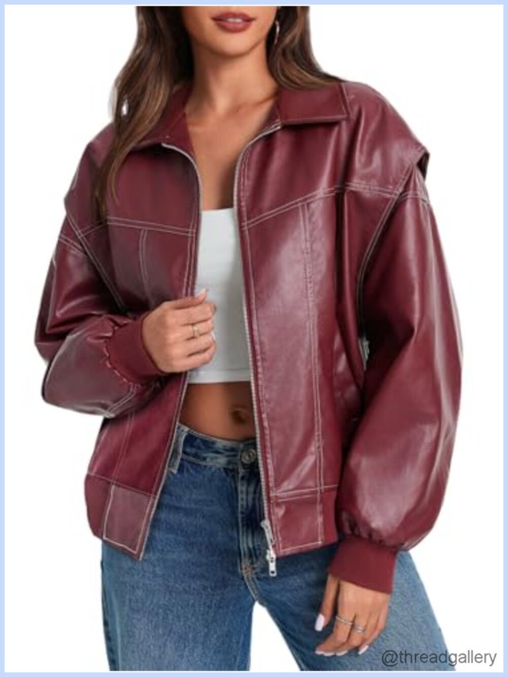Womens Oversized Faux Leather Bomber Jacket Zip Up Motorcycle Coat